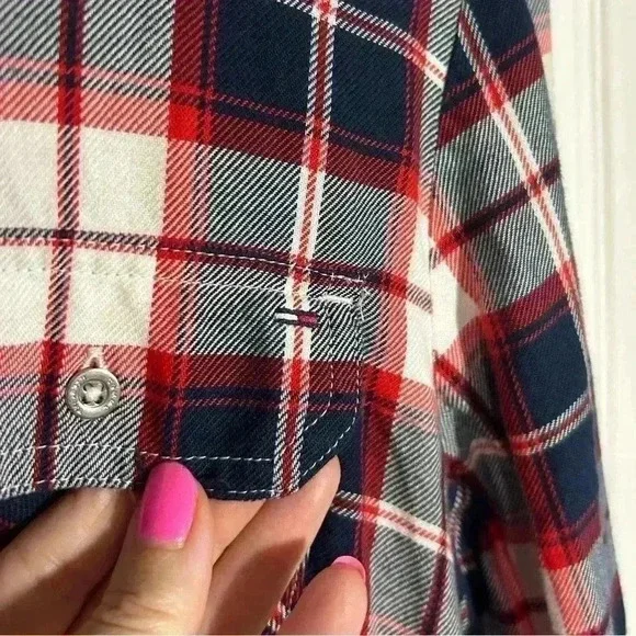 Tommy Hilfiger Denim plaid/flannel like dress Size Medium Blue/Red/White. Belted - Picture 2 of 13